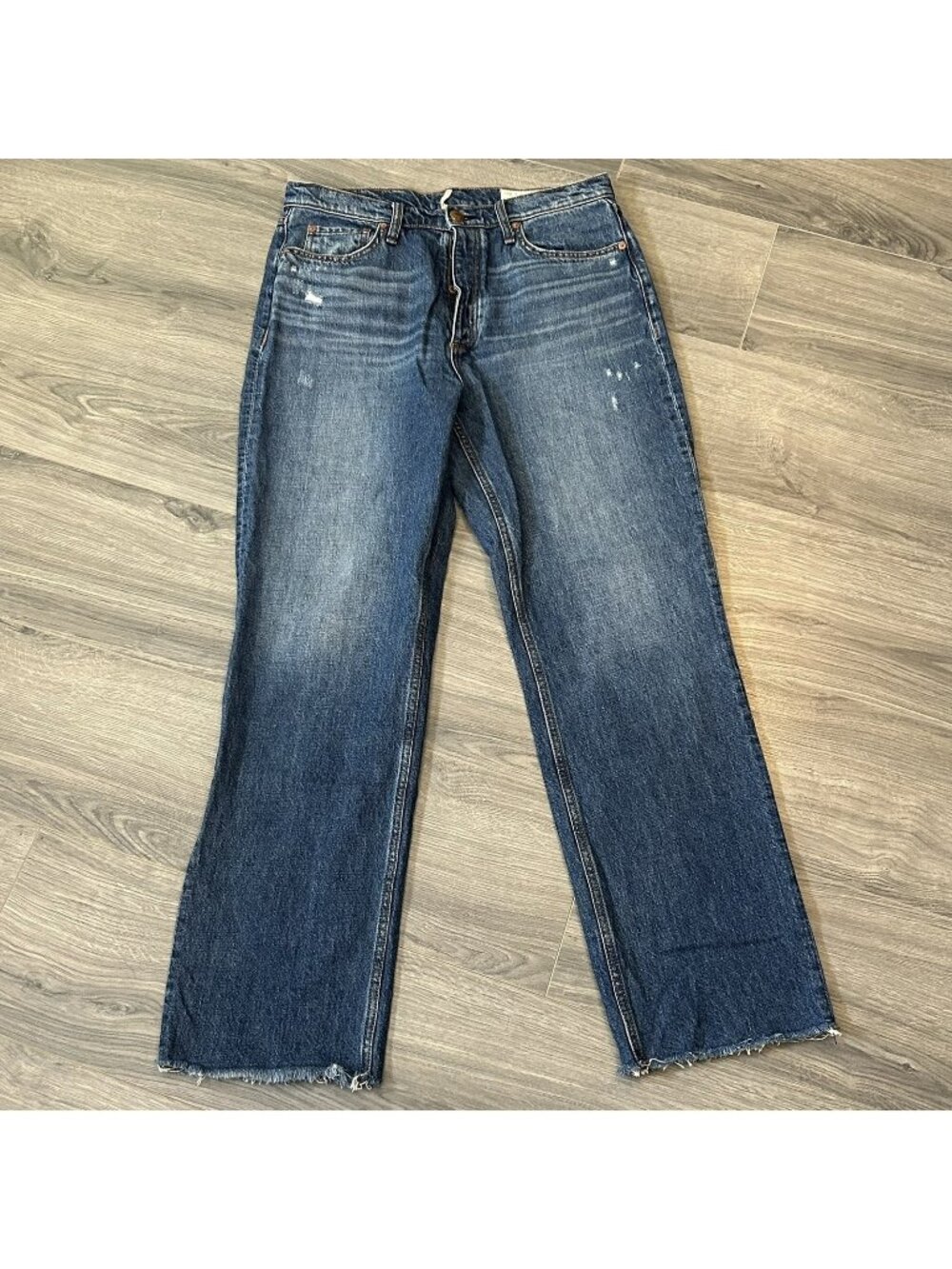 Rag & Bone Alex High-Rise Straight Jeans Womens 31 Blue Distressed Raw Hem Boho